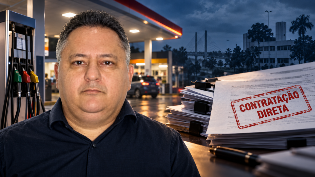 Homem citado no relatório diante de posto de combustível e documentos com carimbo de contratação direta