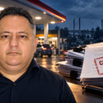 Homem citado no relatório diante de posto de combustível e documentos com carimbo de contratação direta