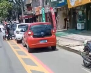 Carros estacionados em ciclofaixa no Guama